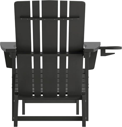 Flash Furniture Halifax Poly Resin Adirondack Chair with Cup Holder and Pull Out Ottoman, All-Weather Poly Resin Indoor/Outdoor Lounge Chair, Black