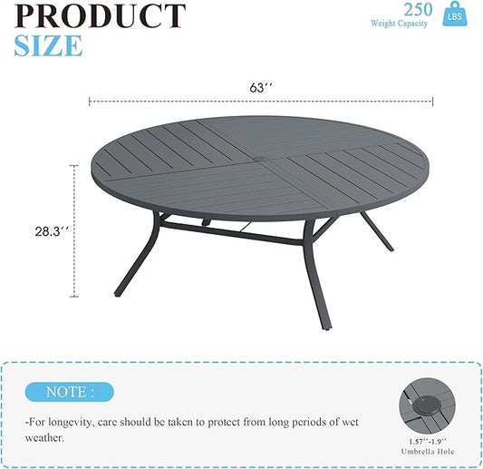 VICLLAX 63" Round Patio Table with Umbrella Hole, All Weather Metal Outdoor Dining Table for 8-10, Outside Table for Lawn Garden, Grey