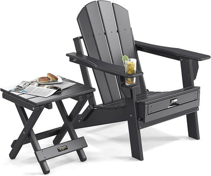 VINGLI Small HDPE Folding Side Table, Plastic Waterproof Portable Adirondack Coffee End Tables, All Weather for Patio, Backyard, Pool, Indoor Use, Slats Style, Black
