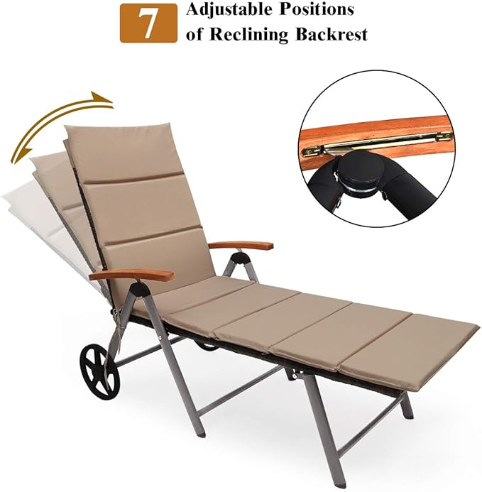 Tangkula Wicker Chaise Folding Back Adjustable Aluminum Rattan Lounger Recliner Chair W/Wheels (Mix Brown) - Photo 6