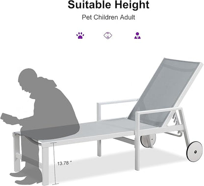 PURPLE LEAF Lounge Chair Outdoor Set 2 Pieces White Aluminum Chaise Lounge with Armrest and Wheels for Pool Deck Patio, Mixed Color
