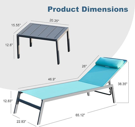 Domi Patio Chaise Lounge Set, Aluminum Pool Lounge Chairs with 5 Adjustable Position, Breathable Textilene Fabric, Sunbathing Pool Chairs with Headrest and Side Table, Turquoise Blue