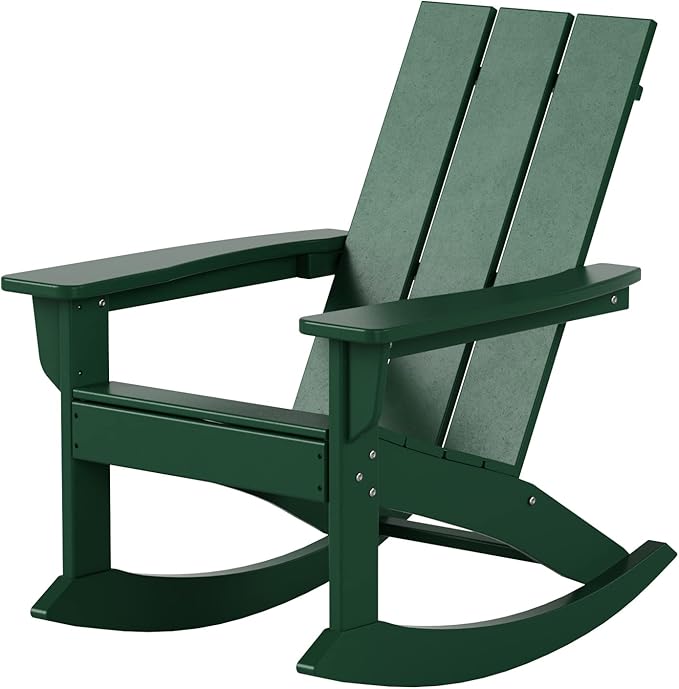WestinTrends Ashore Patio Rocking Chair, All Weather Poly Lumber Plank Adirondack Rocker Chair, Modern Farmhouse Outdoor Rocking Chairs for Porch Garden Backyard and Indoor, Dark Green