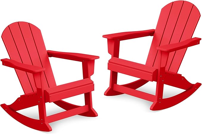 Costaelm Outdoor Adirondack Chair Set of 2, All Weather Resistant Classic Balcony Chair and Fire Pit Chairs, Adirondack Plastic Outdoor Porch Furniture Rocking Chair High Back HDPE Poly Lumber, Red