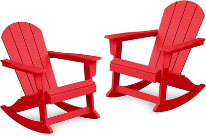 Costaelm Outdoor Adirondack Chair Set of 2, All Weather Resistant Classic Balcony Chair and Fire Pit Chairs, Adirondack Plastic Outdoor Porch Furniture Rocking Chair High Back HDPE Poly Lumber, Red