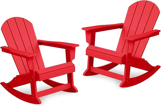 Costaelm Outdoor Adirondack Chair Set of 2, All Weather Resistant Classic Balcony Chair and Fire Pit Chairs, Adirondack Plastic Outdoor Porch Furniture Rocking Chair High Back HDPE Poly Lumber, Red
