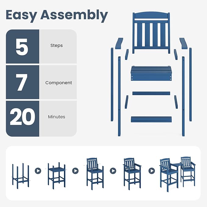 Soohow Tall Adirondack Chairs Set of 2, HDPE Adirondack Bar Stools with Connecting Tray, Bar Height Adirondack Chair Patio Barstool, Ideal All Weather Tall Patio Chair for Balcony, Poolside, Backyard