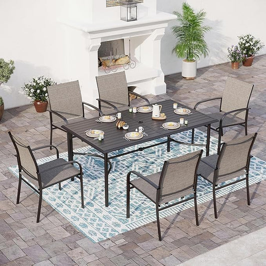 67" Patio Dining Table for 6,Large Rectangle Patio Table with Umbrella Hole,E-Coating and Powder Coating Steel Frame Metal Outdoor Patio Table for Garden Backyard Lawn Yard