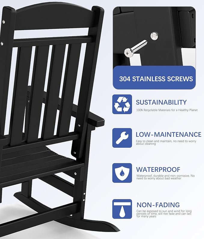 FOOWIN 3-Piece Outdoor Rocking Chairs Set, High Back Patio Rocker with Side Table, HDPE All Weather Resistant Oversized Rocking Chairs for Indoors, Porch, Patio, Backyard, Black (Black, 3-Set)