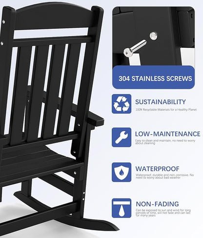 FOOWIN 3-Piece Outdoor Rocking Chairs Set, High Back Patio Rocker with Side Table, HDPE All Weather Resistant Oversized Rocking Chairs for Indoors, Porch, Patio, Backyard, Black (Black, 3-Set)