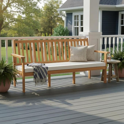 Tangkula 3-Seat Acacia Wood Outdoor Bench with Cushion, 64" Extra Long Garden Bench with Slatted Seat & Backrest, 3-Person Patio Wood Bench for Backyard, Porch, Balcony & Garden