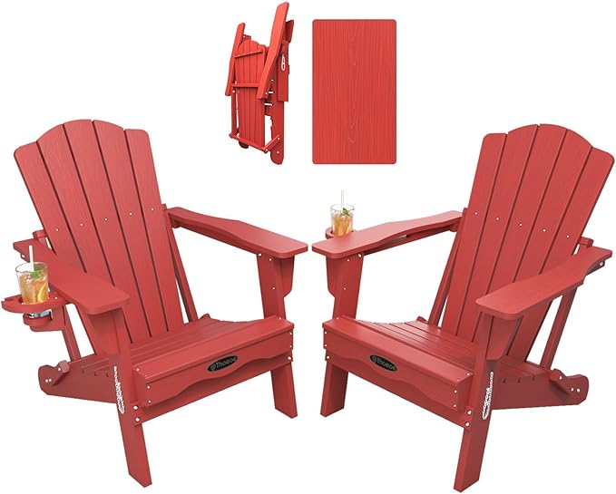Folding Adirondack Chair Set of 2,HDPE All-Weather Outdoor Chair with Cup Holder,Wooden Textured,Fire Pit Chair,Plastic Patio Chair for Deck,Backyard,Garden,Lawn(Red)