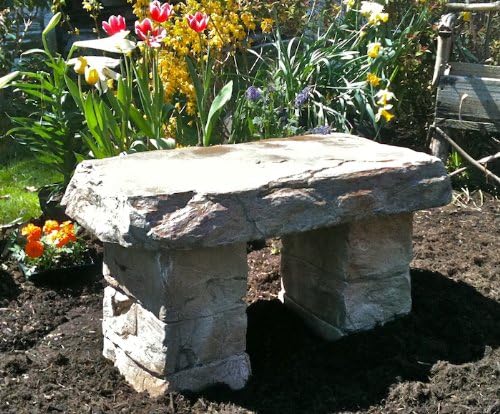 "Garden Bench" Cast Stone Granite Rock Bench 3 Piece, Patio Furniture, Concrete Bench Hand Sculpted Rustice Garden Decor - Photo 6