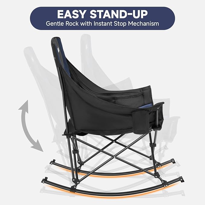 Oversized Folding Rocking Camping Chair, Padded Portable Rocking Chair with Pockets, Cup Holder and Carry Bag, Heavy Duty Outdoor Rocker Patio Chair for Garden, Lawn, Up to 400lbs, Navy Blue