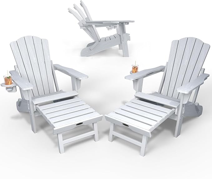 Adjustable Adirondack Chairs with Retractable Ottoman Set of 2, HDEP Folding Adirondack Chair with Footrest & Cup Holder, All Weather Fire Pit Chair for Outdoor,White