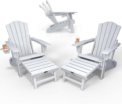 Adjustable Adirondack Chairs with Retractable Ottoman Set of 2, HDEP Folding Adirondack Chair with Footrest & Cup Holder, All Weather Fire Pit Chair for Outdoor,White