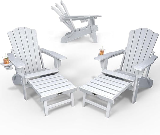 Adjustable Adirondack Chairs with Retractable Ottoman Set of 2, HDEP Folding Adirondack Chair with Footrest & Cup Holder, All Weather Fire Pit Chair for Outdoor,White