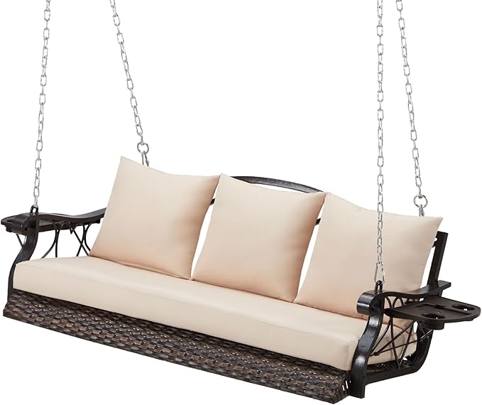 3-Person Wicker Porch Swing Chair Heavy Duty 900 LBS Outdoor Rattan Patio Swing Chair w/Cup-Holder & Steel Chains - Photo 1