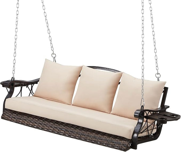 3-Person Wicker Porch Swing Chair Heavy Duty 900 LBS Outdoor Rattan Patio Swing Chair w/Cup-Holder & Steel Chains - Photo 1