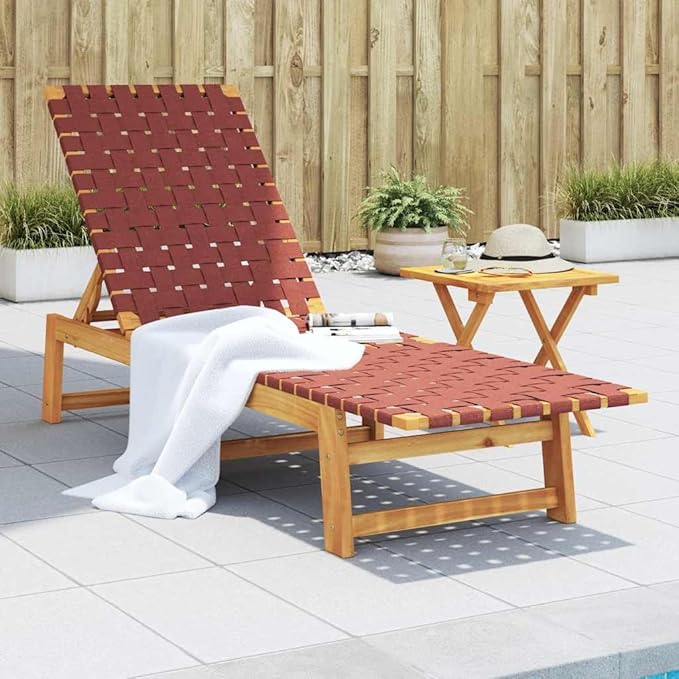 Adjustable Red Outdoor Chaise Lounge 21.7"x61.8"x34.3" Solid Acacia Wood Frame w/UV Olefin Cushion Modern Sun Lounger for Patio Garden Poolside Backyard