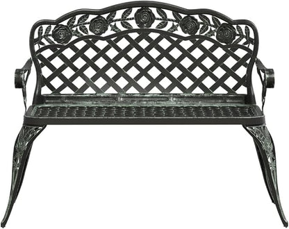 Vibrant Green Cast Aluminum Garden Bench with Floral Patterns, Durable Outdoor Seating for Patio and Balcony, Weather-Resistant Comfortable Bench for Relaxation, Lightweight