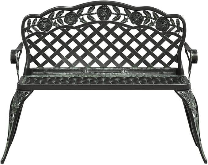 Green Cast Aluminum Garden Bench with Floral Patterns, Durable Outdoor Seating for Patio and Balcony, Comfortable 2-Person Bench, Weather-Resistant and Easy to Clean,