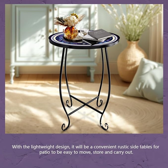 15 Inch Tall Patio Side Table, Small Patio Table for Outdoor Deck Porch Poolside, Ocean Wave Metal End Table, Rust Resistant Garden Stool Matches Mosaic Outdoor Side Table Decor