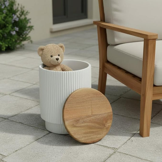 Christopher Knight Home Utara Patio Lightweight Concrete Round Coffee Table with Storage, Indoor and Outdoor End Table, MGO Outdoor Side Table with Acacia Wood Top, No Assembly, White + Brown