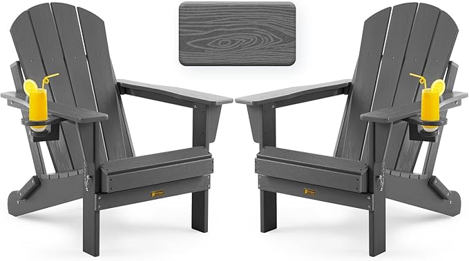 Folding Adirondack Chair, Patio Chair Wood Texture, Outdoor Chair Weather Resistant, Fire Pit Chair with Cup Holder, Composite Adirondack Chair Set of 2(Grey)