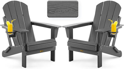 Folding Adirondack Chair, Patio Chair Wood Texture, Outdoor Chair Weather Resistant, Fire Pit Chair with Cup Holder, Composite Adirondack Chair Set of 2(Grey)