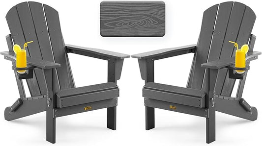 Folding Adirondack Chair, Patio Chair Wood Texture, Outdoor Chair Weather Resistant, Fire Pit Chair with Cup Holder, Composite Adirondack Chair Set of 2(Grey)