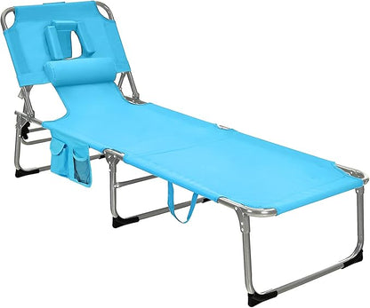GYMAX Tanning Chair, Folding Beach Lounger with Face Arm Hole, Adjustable Backrest, Side Pocket, Pillow & Carry Handle, Outside Sunbathing Lounge Chair for Patio, Poolside, Lawn (1, Turquoise)