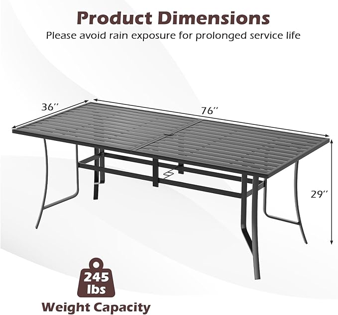 Tangkula 76" x 36" Metal Patio Dining Table for 8, Rectangle Heavy Duty Outdoor Dining Table with Umbrella Hole - Photo 9