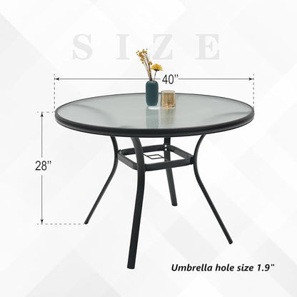 Round Outdoor Dining Table for 4 Person, 40 inch Glass Top, Black Powder-Coated Frame with Umbrella Hole Outdoor Furniture