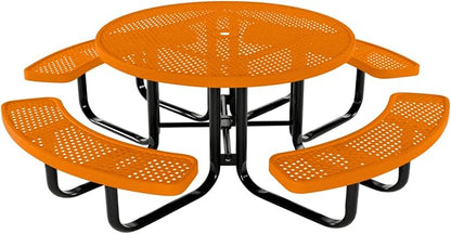 COATEDOUTDOORFURNITURE Heavy-Duty Portable Outdoor Kids Table with Umbrella Hole, Punched Steel Kids Picnic Table, Commercial-Grade, Made in America (46 in, Round, Childrens, Textured Orange)