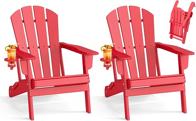 BRIOPAWS Folding-Adirondack-Chairs Set of 2 | HDPE Plastic | Fire Pit Chair | Cup Holder | Curved Back | All Weather| for Outdoor Backyard Deck Patio | Red