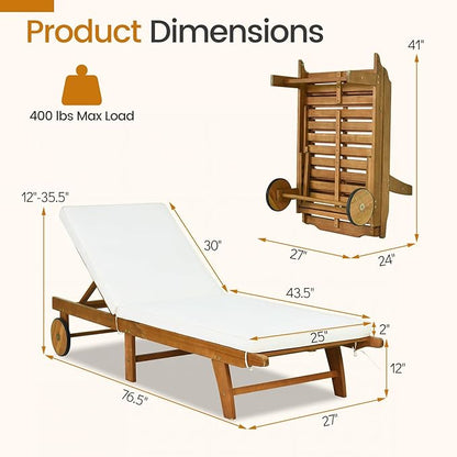 Tangkula Folding Lounge Chair Outdoor, Patio Eucalyptus Wood Chaise Lounge with 5-Level Adjustable Backrest & Cushions, Portable Beach Pool Sunbathing Recliner with Wheels for Outside (1,Off White)