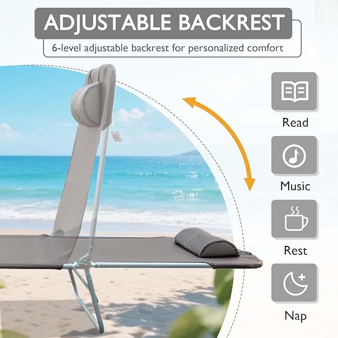 Folding Chaise Lounge Chair, Pool Sun Tanning Chair, Outdoor Lounge Chair with 5-Position Reclining Back, Breathable Mesh Seat, Headrest for Beach, Yard, Patio(Brown)