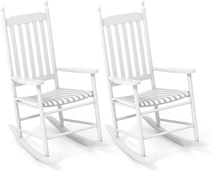 Giantex Outdoor Rocking Chair Set of 2, All Weather Patio Rocker w/Solid Rocking Base & High-Back, Slatted Seat & Back, Acacia Wood Porch Rocker, Wooden Patio Rocking Chair for Backyard, White