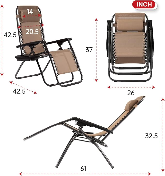 PayLessHere Lounge Chair Adjustable Zero Gravity Chair Folding Beach Chair Textilene Lawn Patio Chair with Removable Pillow and Cup Holder for Poolside Backyard Lawn Beach Pack of 2,Tan