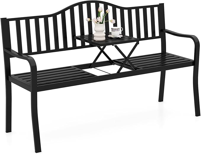 Tangkula 60” Metal Outdoor Garden Park Bench, Heavy-Duty Patio Loveseat Armchair with Pull-Out Center Table, 2-3 Person Park-Style Chair for Backyard, Garden, Balcony, 660 lbs Max Load