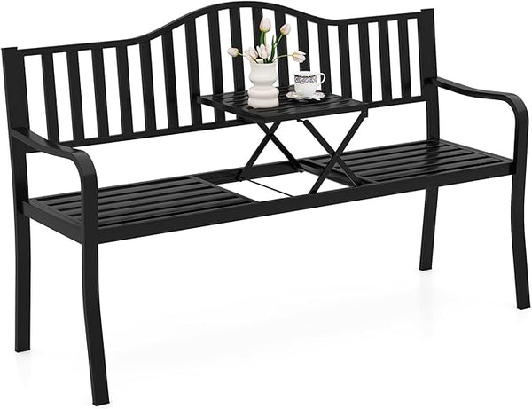 Tangkula 60” Metal Outdoor Garden Park Bench, Heavy-Duty Patio Loveseat Armchair with Pull-Out Center Table, 2-3 Person Park-Style Chair for Backyard, Garden, Balcony, 660 lbs Max Load
