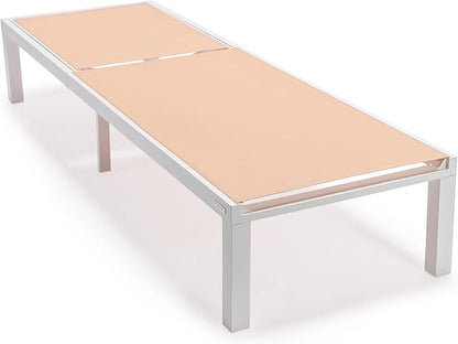 LeisureMod Marlin Aluminum Outdoor Chaise Lounge Chair - Mesh Sling Fabric Seat White Aluminum Frame Beach, Pool Lounge Chair for Modern Patio Lawn, Garden and Backyard (Light Brown)