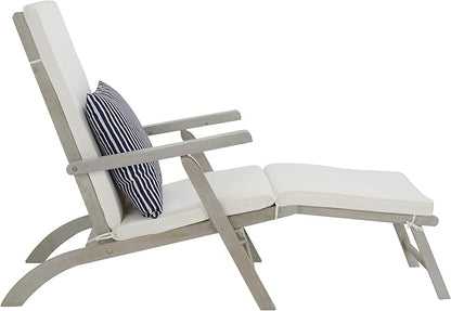 SAFAVIEH Outdoor Collection Palmdale Grey Solid Wood/Beige Cushion with Striped Pillow Chaise Lounge Chair (PAT7015F)
