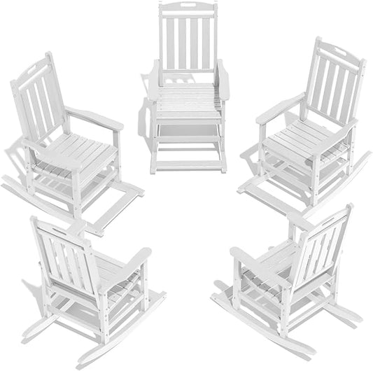 LOUNZY Outdoor Rocking Chair with Footboards Set of 5, HDPE Rocking Chair Patio Porch Rocker with 380lbs Support for Adult, White