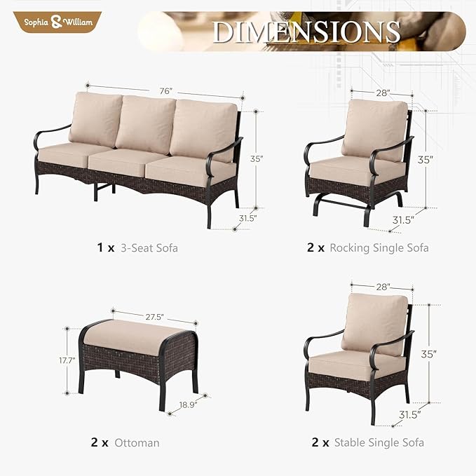 Sophia & William Patio Furniture Set, 7 Piece Metal Outdoor Conversation Set with 3-Seater Outdoor Couch, 4 Sofa Chairs - Photo 7