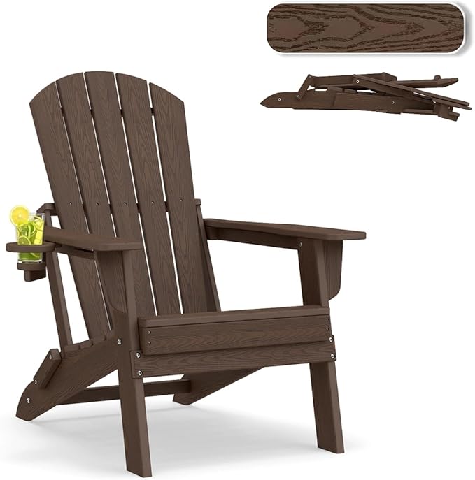 Folding Adirondack Chair, HDPE Outdoor Patio Chair with Cup Holder, All Weather Plastic Lawn Chair with Wide Armrests, Portable Patio Chair for Backyard Deck Garden Fire Pit Poolside, Coffee
