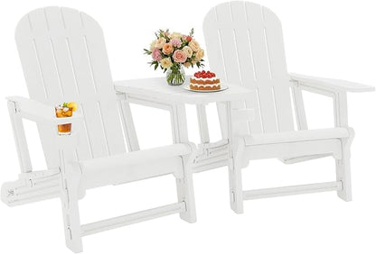 JY QAQA Outdoor Adirondack Chair Set of 2, All-Weather HDPE Patio Furniture with Detachable Table, Wood Texture & Cup Holder for Patio, Poolside, Garden, White