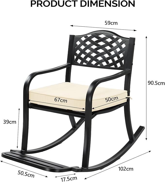 Outdoor Metal Rocking Chair with Cushion, Patio Rocking Bench for Garden, Porch, Balcony, Rocker for Outside Lawn - Photo 3