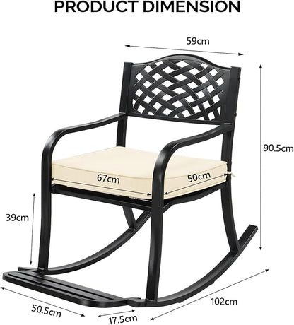 Metal Rocking Chair with Cushion and Footrest, Outdoor Rocking Bench for Patio and Garden, Weatherproof Cast Iron Rocker, Comfortable Lounge Chair for Porch, Backyard, Balcony, Hole Backrest